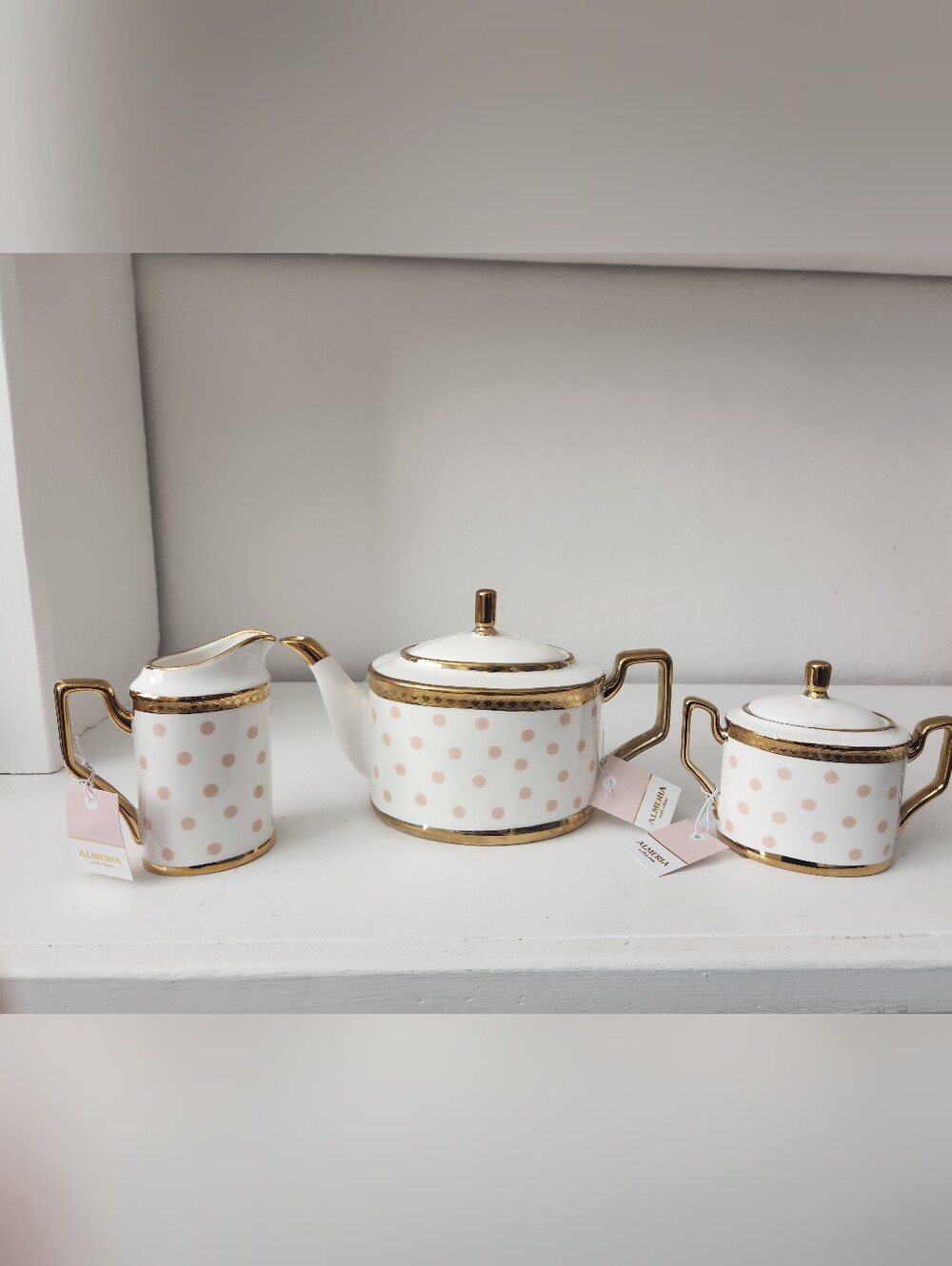 Elegant Cream Polka Dot Porcelain Teapot, Creamer & Sugar Bowl with Gold Trim